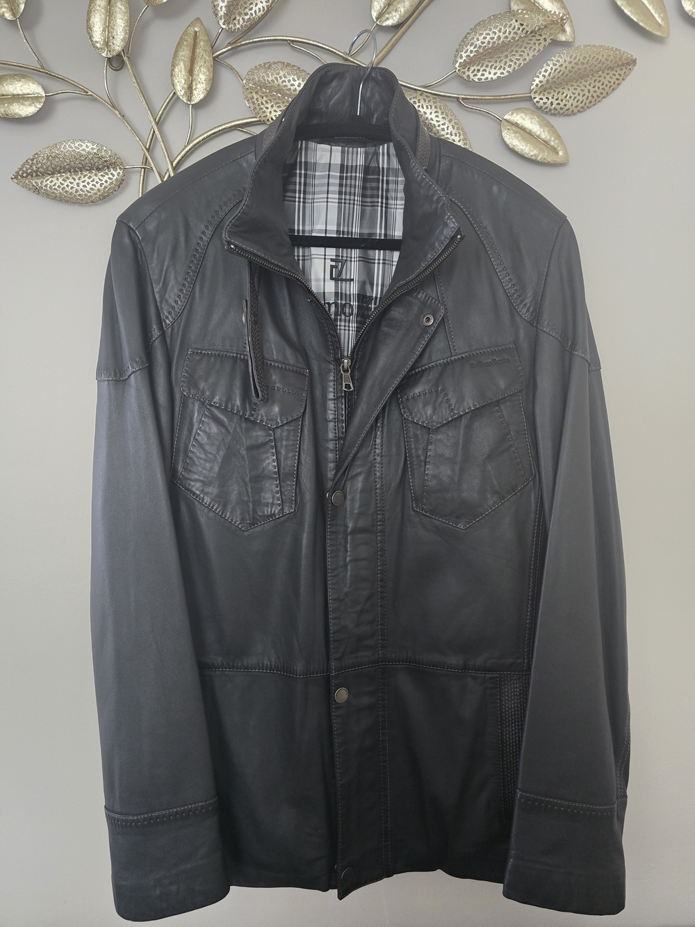 Men's Gray Leather Bomber Jacket with Plaid Lining Sz L